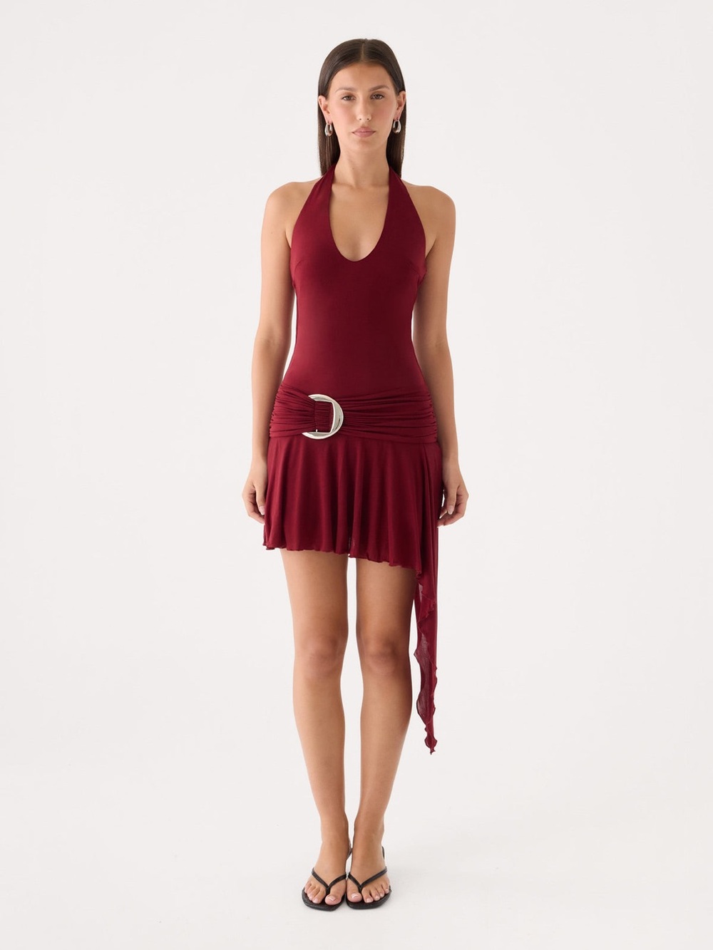 PepperMayo Halter Neck Burgundy Mini Dress with Draped Belt